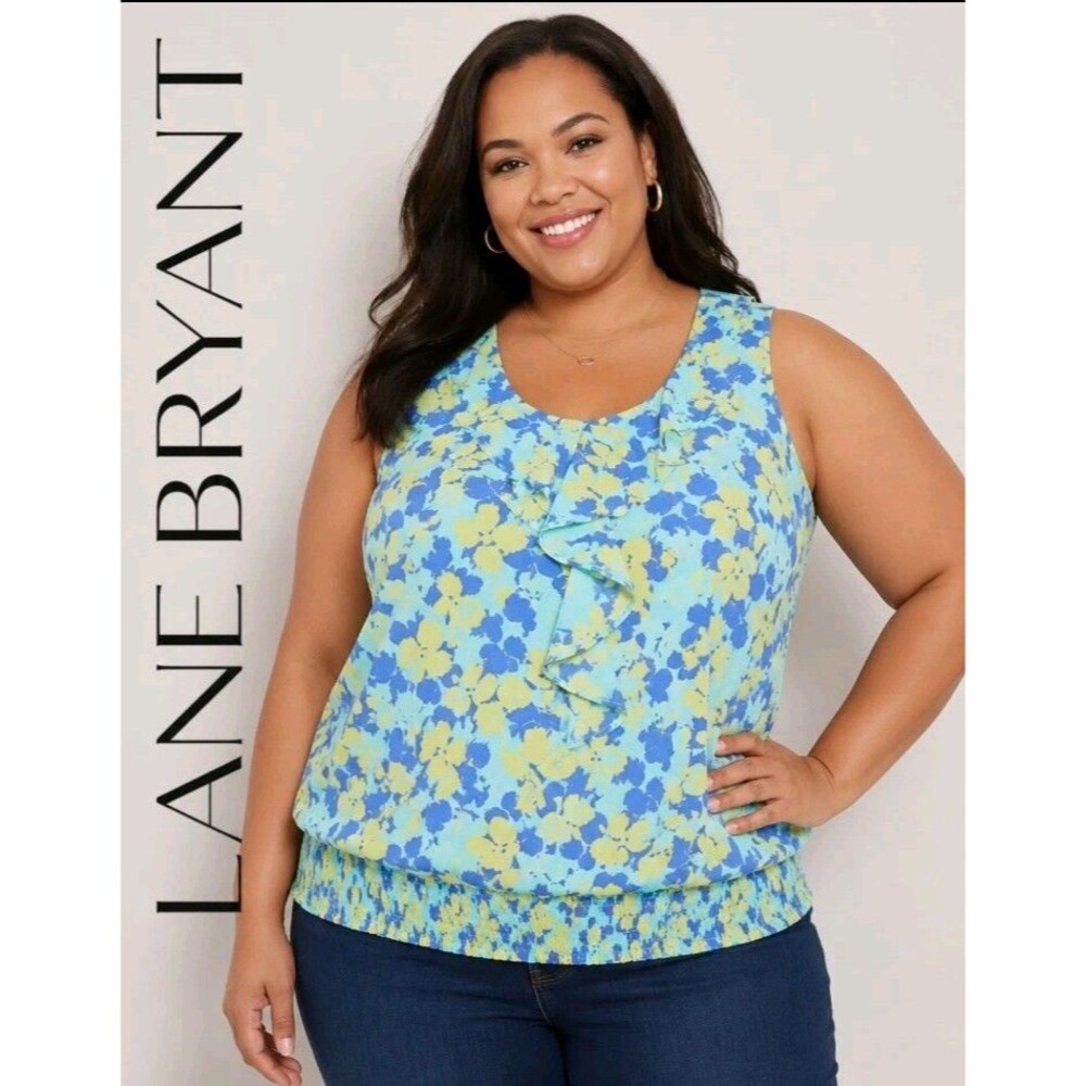 LANE BRYANT Womens 18 Floral Cottage Sleeveless Ruffles Blue Yellow Tank Top